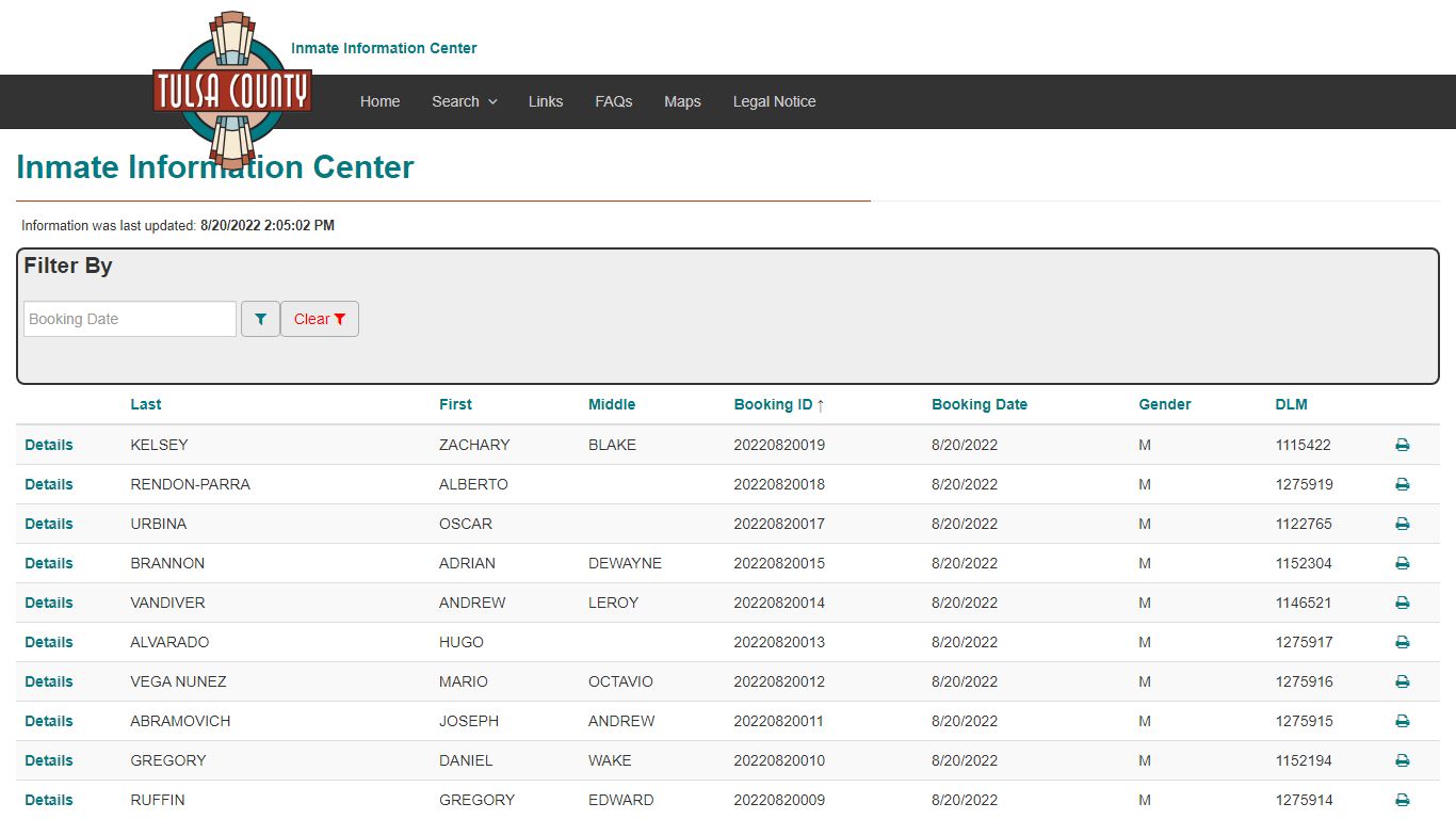 Booking Index - Inmate Information Center - Tulsa County, Oklahoma